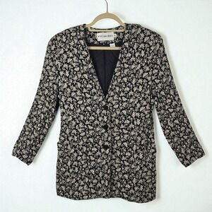 JH Collectibles Linen Blazer Floral Print Black Beige Size 14 Jacket Black White